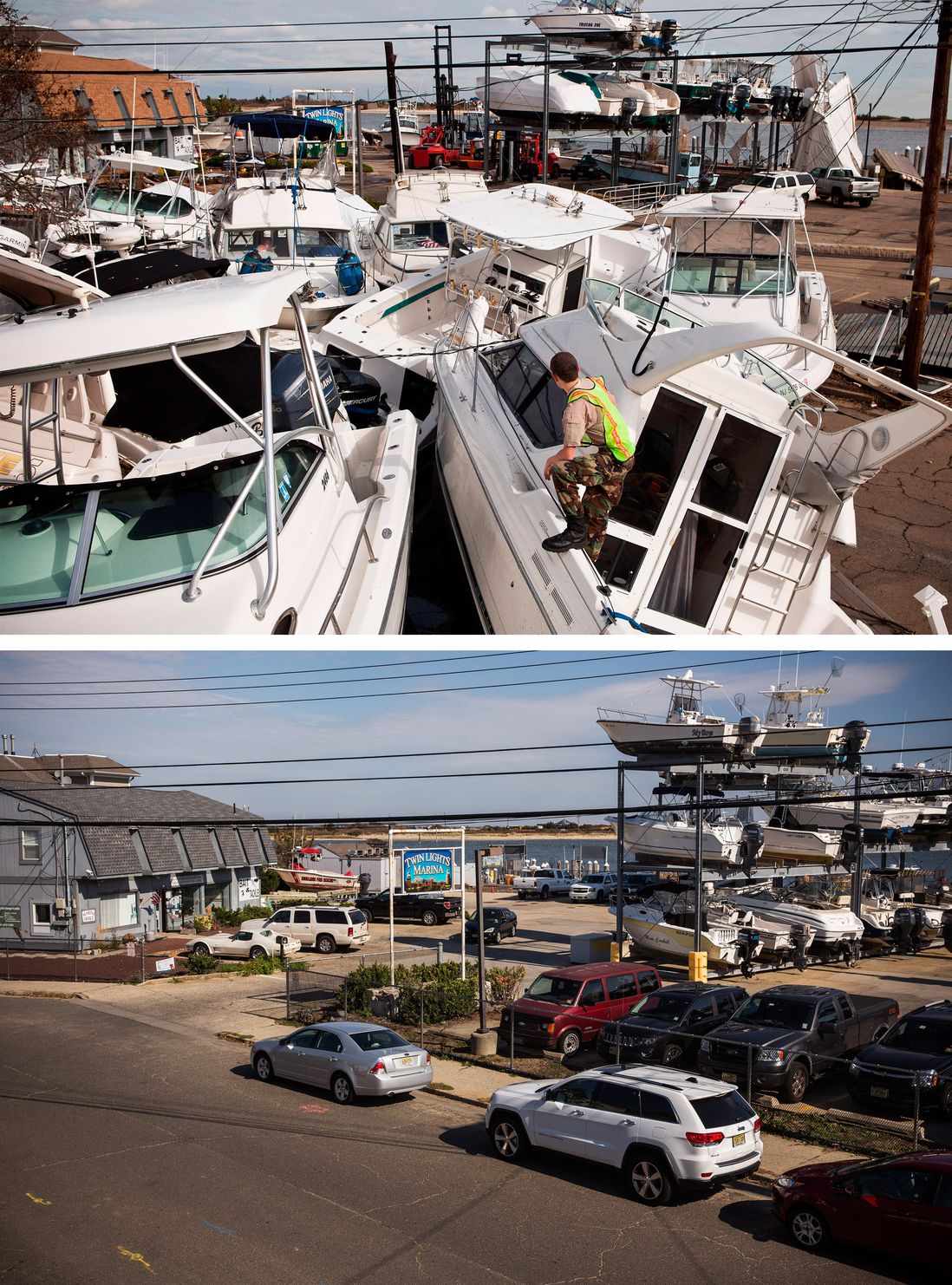 [Top] A volunteer surveys a pile of boats, which were moved by Superstorm Sandy, on November 1, 2012 in Highlands, New Jersey. [Bottom] Boats are stored at a marina in Highlands, New Jersey October 22, 2013.